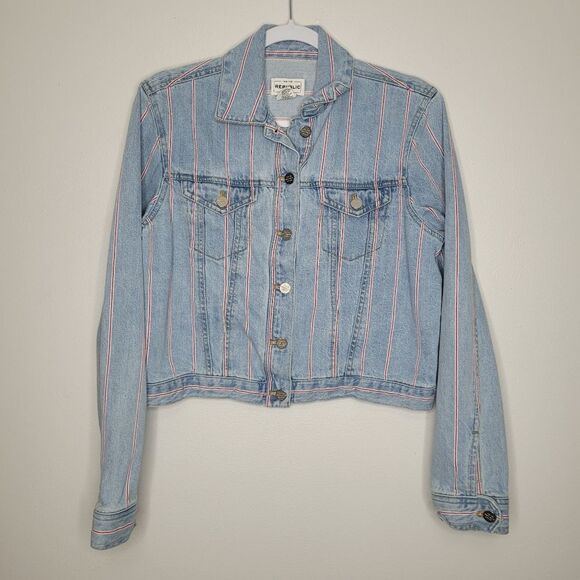 For The Republic soft striped denim jean jacket Preppy Old Money Size Large - Picture 1 of 5